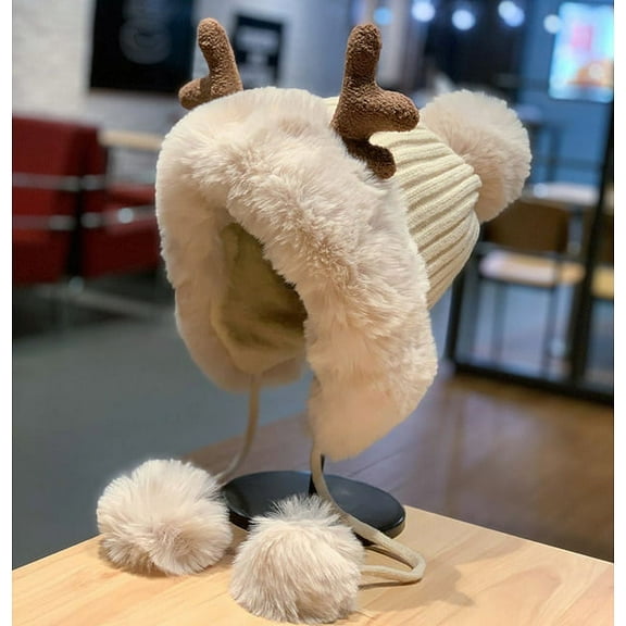 CoCopeanut Winter Cute Reindeer Warm Hat Women Beanies Windproof Cap Student Women Add Wool Cap Female Hat Present Girls Christmas Gifts