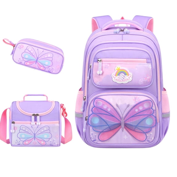 Backpack3PCS Colorful Butterflies Backpack with Lunch Box & Case, Cute Bookbag 2026 Back to School(Purple,46×30)