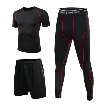 Men Compression Sports Set 3 Pack with Compression T-shirt Loose Fitting Shorts Tight Leggings Pants For Running Cycling Basketball Yoga Hiking Gym Work