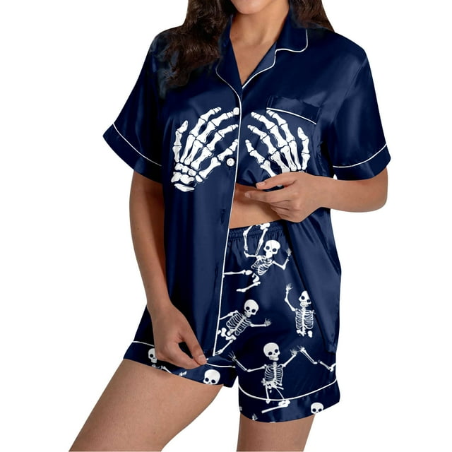 Women's Halloween Abstract Print Silk Satin Short Sleeve Button Pajama Set