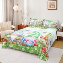 Homewish Cute Cartoon Gnome Queen Sheet Sets,Spring Flower Mushroom Flat Sheet,Green Red Queen Fitted Sheet For Girls Kids,Ultra Soft Home Decor,4pcs