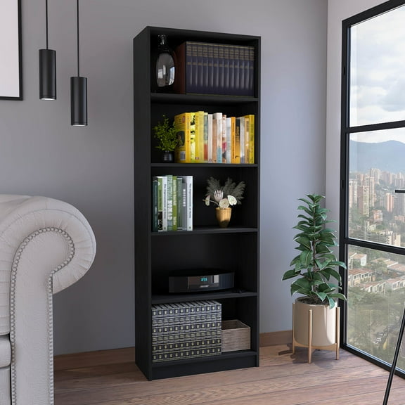 Modern Black Bookcase, 4 Storage For Books & Decor, 12.3"h X 16.5"w 11.65"d Shelves, Extra Lower Shelf More Storage, Space Efficient, Easy Setup Bookcase - And Decor. 4 Shelves Of 11.65"d.