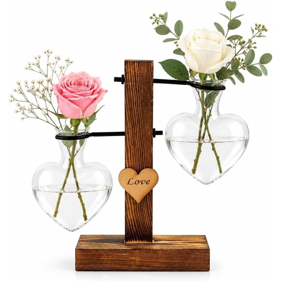 Double Heart Glass Hydroponic Propagation Station with Wooden Stand, Removable Vase for Plant Cuttings & Flowers, Desktop Decor for Bedroom, Office, Dining Room