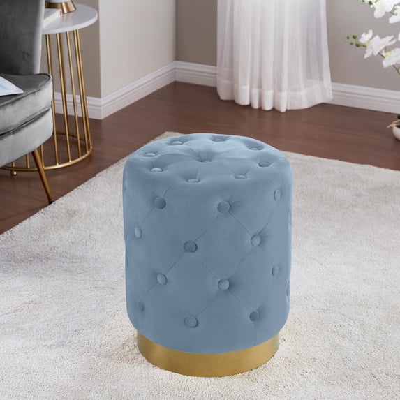 Beverly Modern Contemporary Round Tufted Upholstered Velvet Ottoman with Gold Metal Base