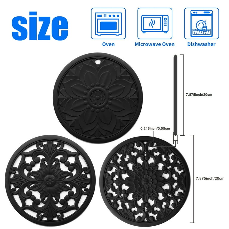 Jokapy 3pcs Silicone Trivet Mats Heat Resistant Kitchen Hot Pads Hot Pot Holder, Black