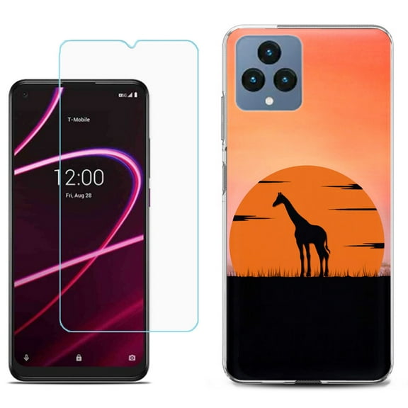 Slim-Fit Gel TPU Fashion Phone Case for T-Mobile Revvl 6 5G, with Tempered Glass Screen Protector, by OneToughShield ® - Sunset Giraffe