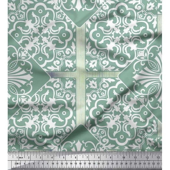 Soimoi Japan Crepe Satin Fabric Square & Damask Patchwork Print Fabric by The Yard 42 Inch Wide