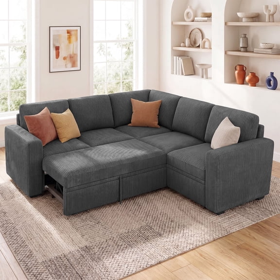 Marrber 83.4 Modular Corduroy Sectional Sleeper Sofa, L-Shaped with Pull-Out Bed and Storage Ottomans for Living Room, Grey