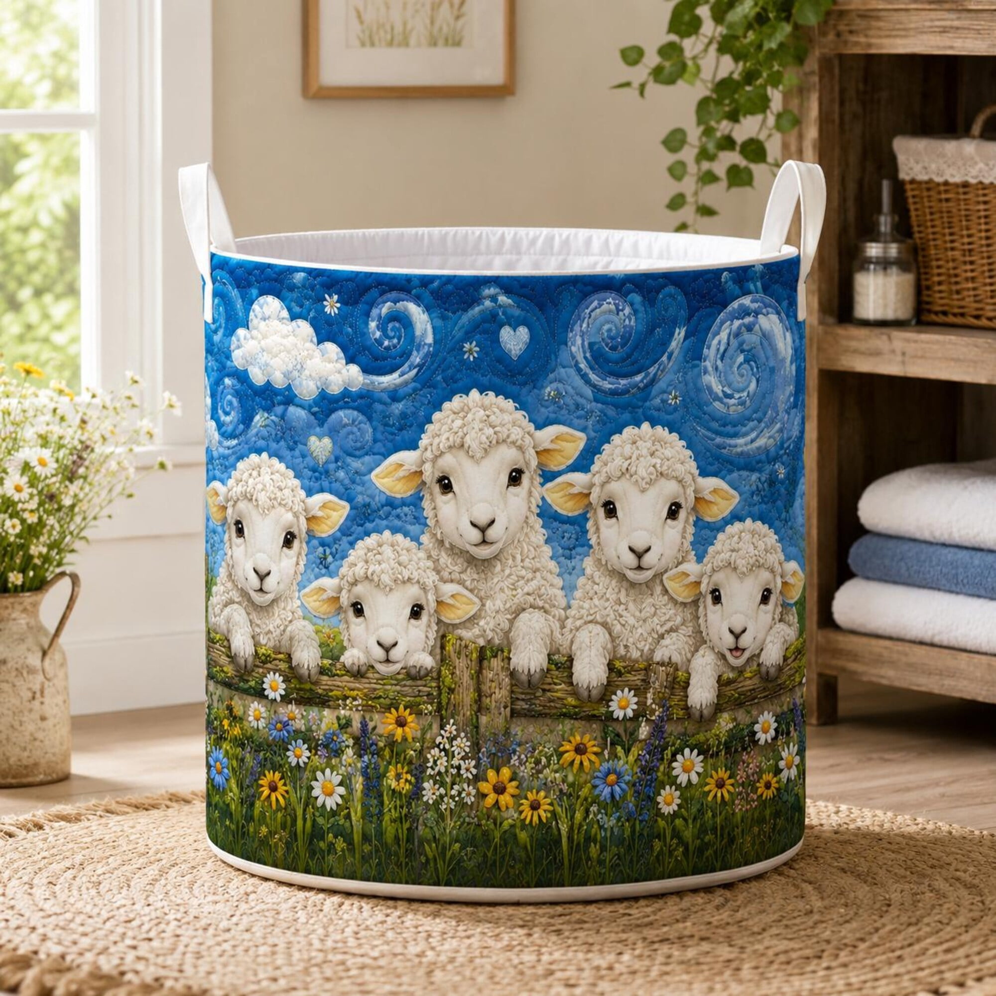 Sheep Quilted Laundry Basket, Farmhouse Fabric Hamper, Lamb Nursery Toy Organizer, Cottagecore Storage Bin, Baby Room Decor