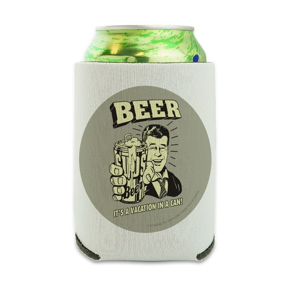 Beer It's a Vacation in a Can Funny Humor Retro Can Cooler - Drink Sleeve Hugger Collapsible Insulator - Beverage Insulated Holder