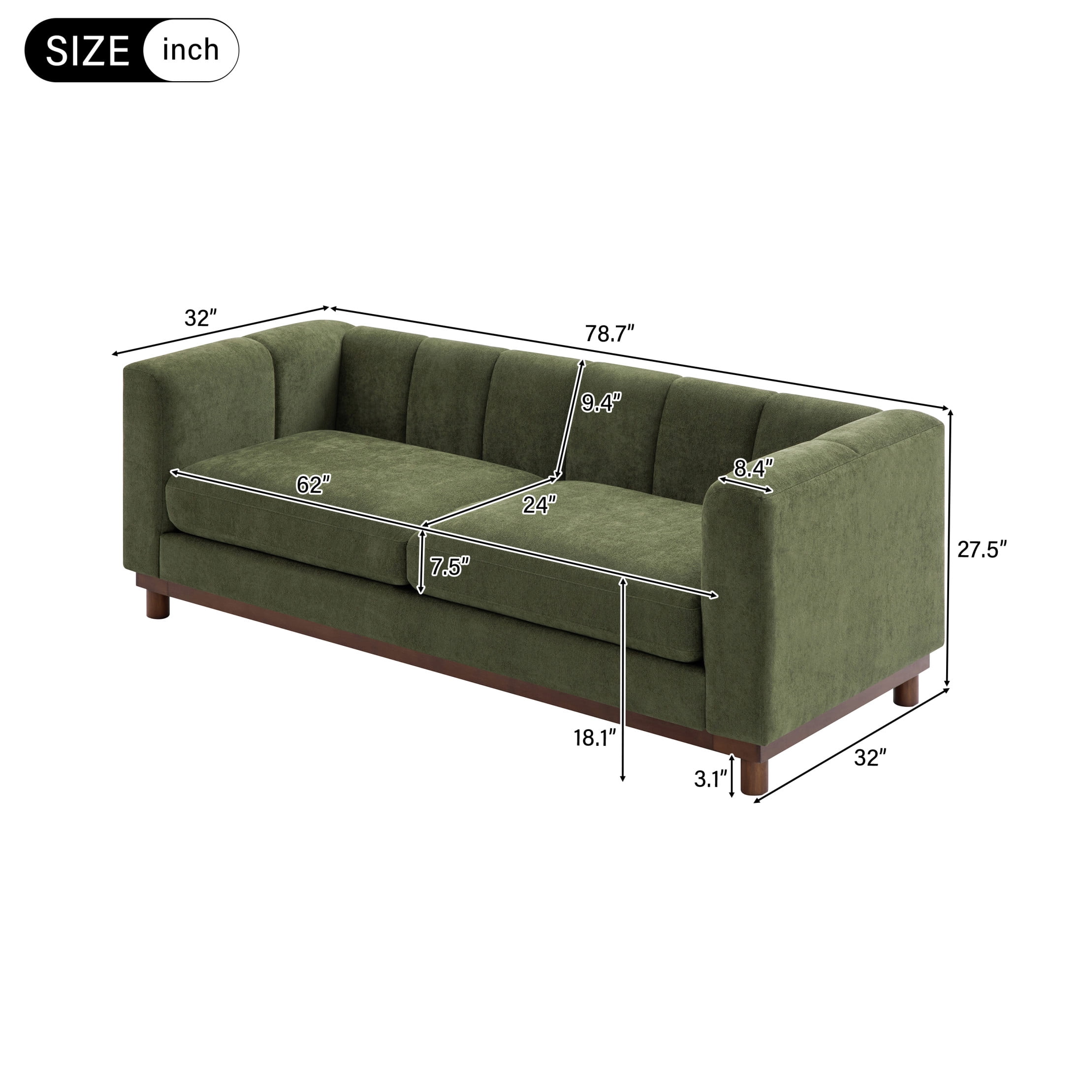 Christopher Knight Home 78.7" Chenille Loveseat Sofa, Modern Upholstered Couch with Square Arms, Green