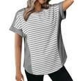 thumbnail image 3 of CQONEPT Clearance Striped Shirts for Women 2025 Crewneck Tunic Short Sleeve Tops Summer Loose Fit Comfy Color Block T-Shirt,Purple S-XXL, 3 of 10