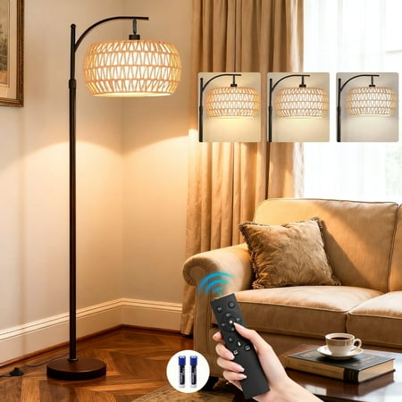 Condition photo showing Good Condition for 70   Dimmable Arc Rattan Floor Lamp Standing Lamp with Rattan & Fabric Double Drum Shade Boho Farmhouse Tall Lamp for Living Room  Lamps for Bedroom