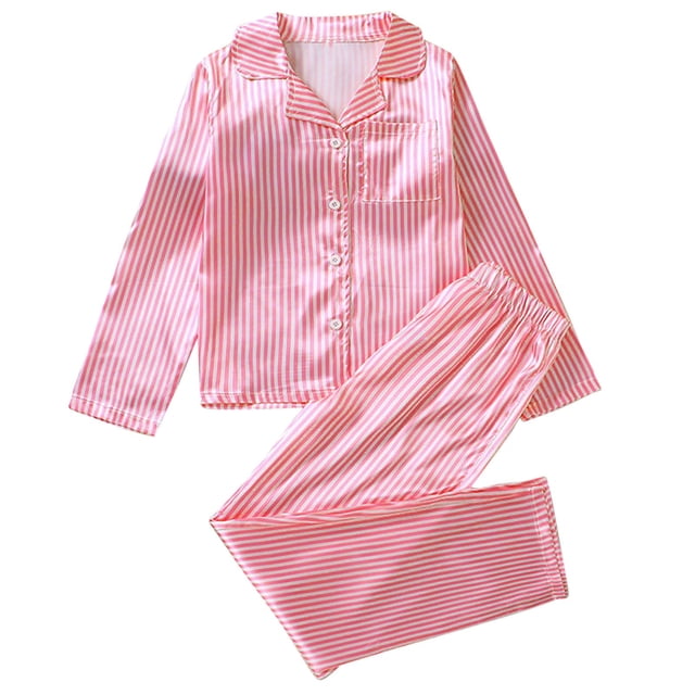 Odeerbi 8-13 Años Niños Niñas Pijama Verano Satén Rayas Manga Larga Solapa Muesca Camisa Pantalones Conjunto Suave Pijama
