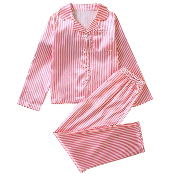 Odeerbi 8-13 Años Niños Niñas Pijama Verano Satén Rayas Manga Larga Solapa Muesca Camisa Pantalones Conjunto Suave Pijama