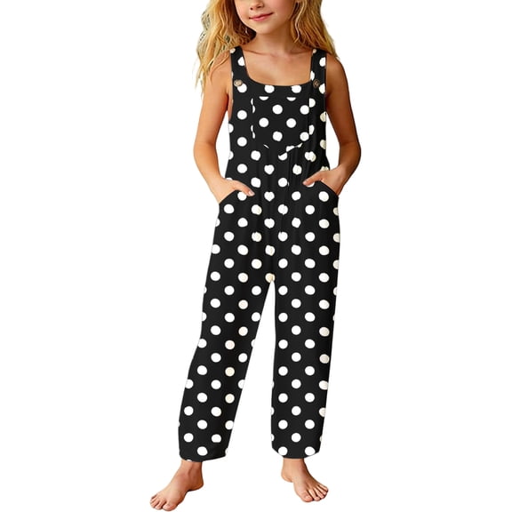 Girls Casual Wide Leg Romper Polka Dot Print Square Collar Sleeveless with Front Pockets Stylish Loose Fit One Piece Jumpsuit Black 5 Years-6 Years