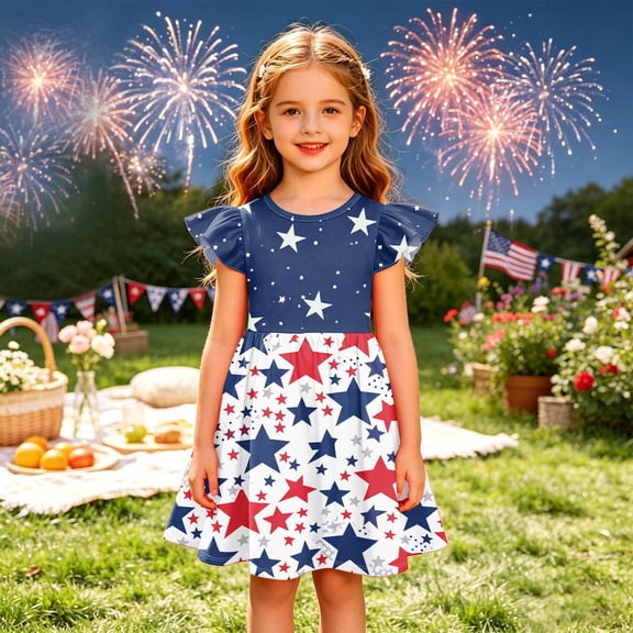 CCRFTGI Patriotic Girls Dresses Size 10-12 Flutter Sleeve 4th of July American Flag Stars Summer A Line Crew Neck Beach Party Independence Day Dresses Light Blue 7-8 Years