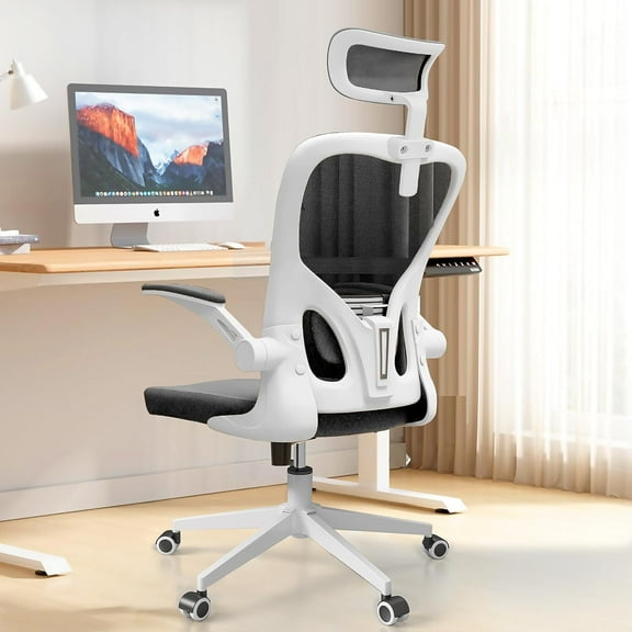 Ergonomic Office Chair, High Back Mesh Computer Desk Chair with Flip-up Arms, Adjustable Lumbar Support & Headrest, Swivel Rolling Task Chair for Home Office, Bedroom, Study, College Dorm(White&Black