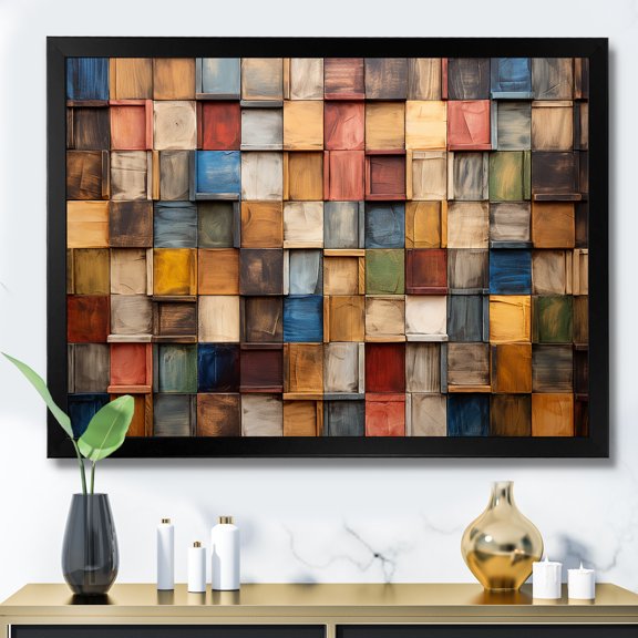 Designart "Earth Colors Tiles in Colorful Patterns III" Geometric Framed Wall Art Decor - Bohemian Multicolor Boho Mosaic Living Room Framed Canvas Art