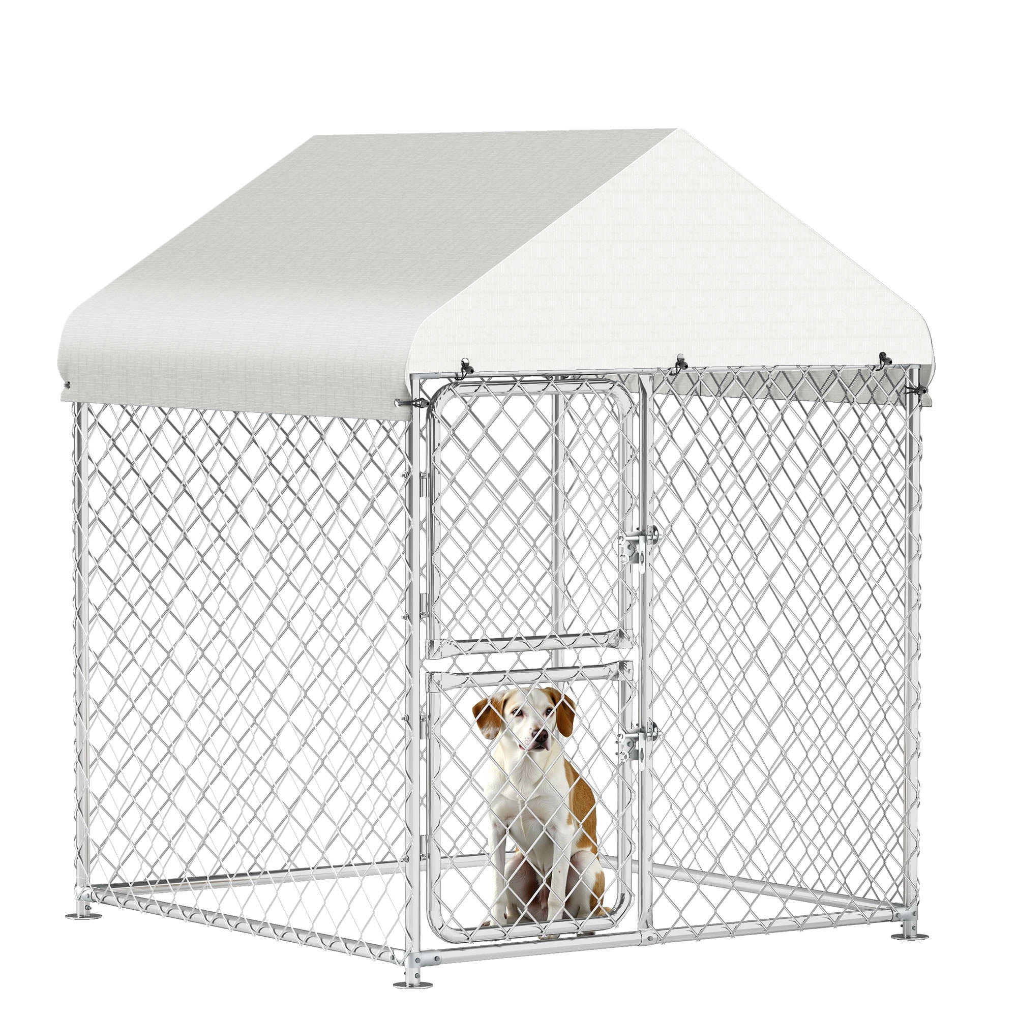 ModFusion 48" Outdoor Dog Kennel with Roof – Heavy-Duty Galvanized Steel & Knotted Mesh Pet Cage, UV-Protective & Water-Resistant Cover, Dual-Door Lock, Silver