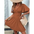 thumbnail image 4 of Women'S Ruched V Neck High Waist Casual Short Sleeve A-Line Dress Caramel Color M, 4 of 9