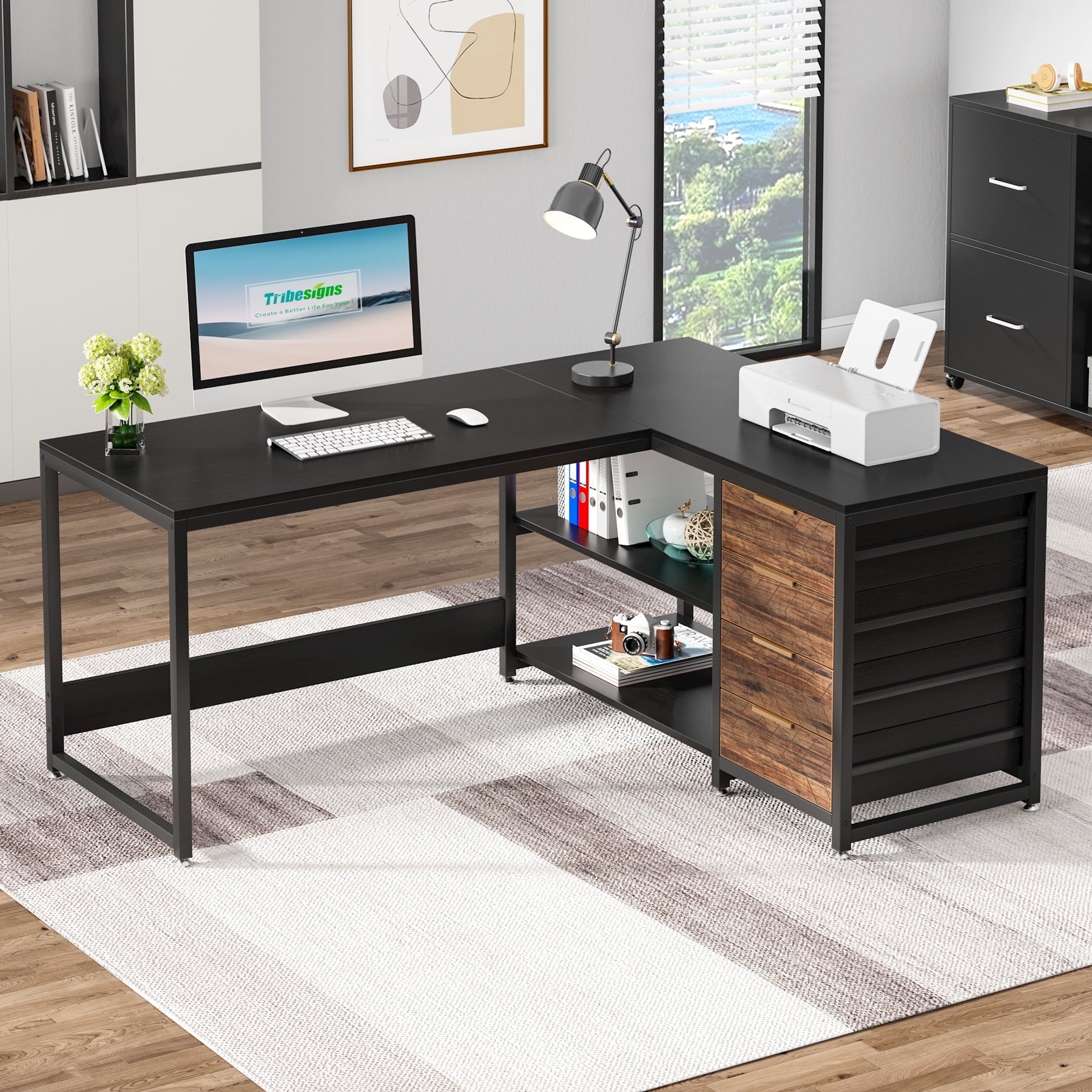 Finmind L-shaped Computer Desk, 59 inch Corner Desk with Drawers and Storage Shelves, Reversible Writing Study Table for Home Office, Black