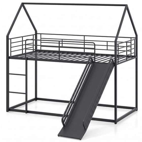 Furnibear House-shaped Twin Over Twin Metal Low Bunk Bed with Slide Ladder and Full-length Guardrails for Kids Rooms, Black