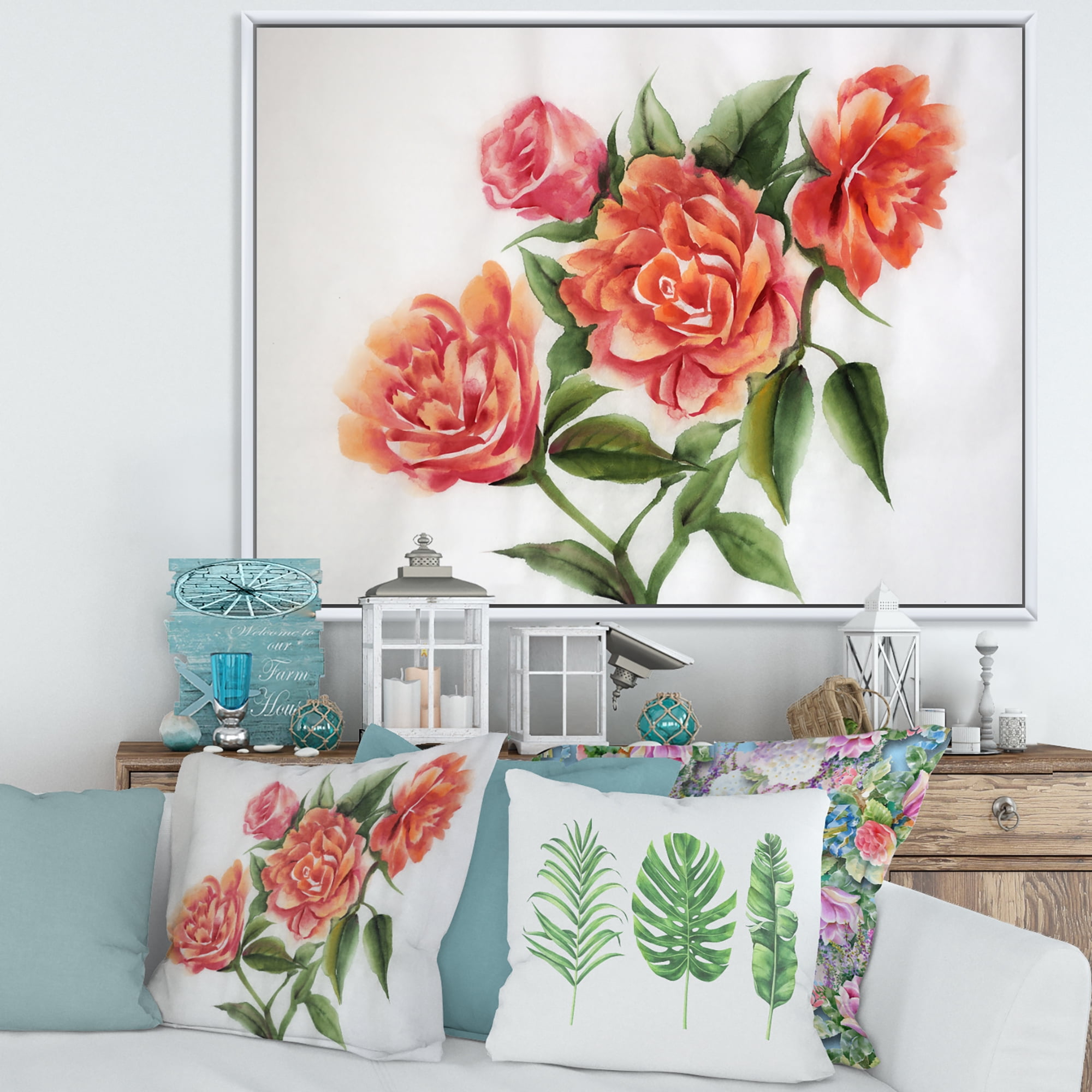 Designart 'Orange VIntage Roses With Green Leaves' Traditional Framed Canvas Wall Art Print