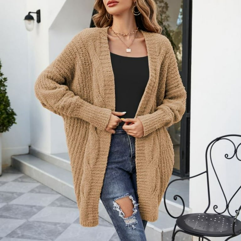 JDEFEG Sweater Coat Ladies Solid Color Knit Cardigan Buttonless