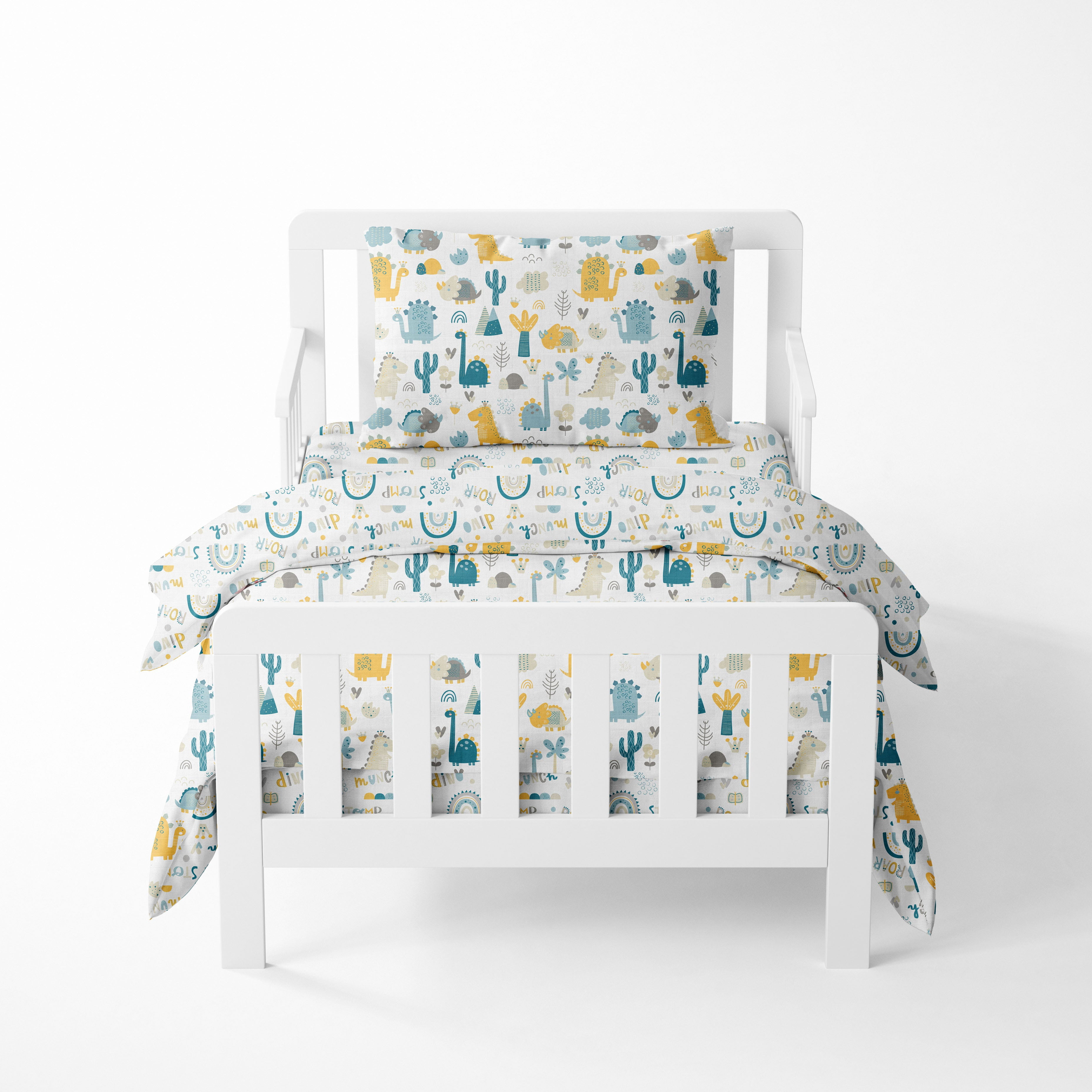 Bacati - Boys 5 pc Toddler Bedding/Sheet Set 100% Cotton Muslin, Little Dino Teal/Yellow/Gray