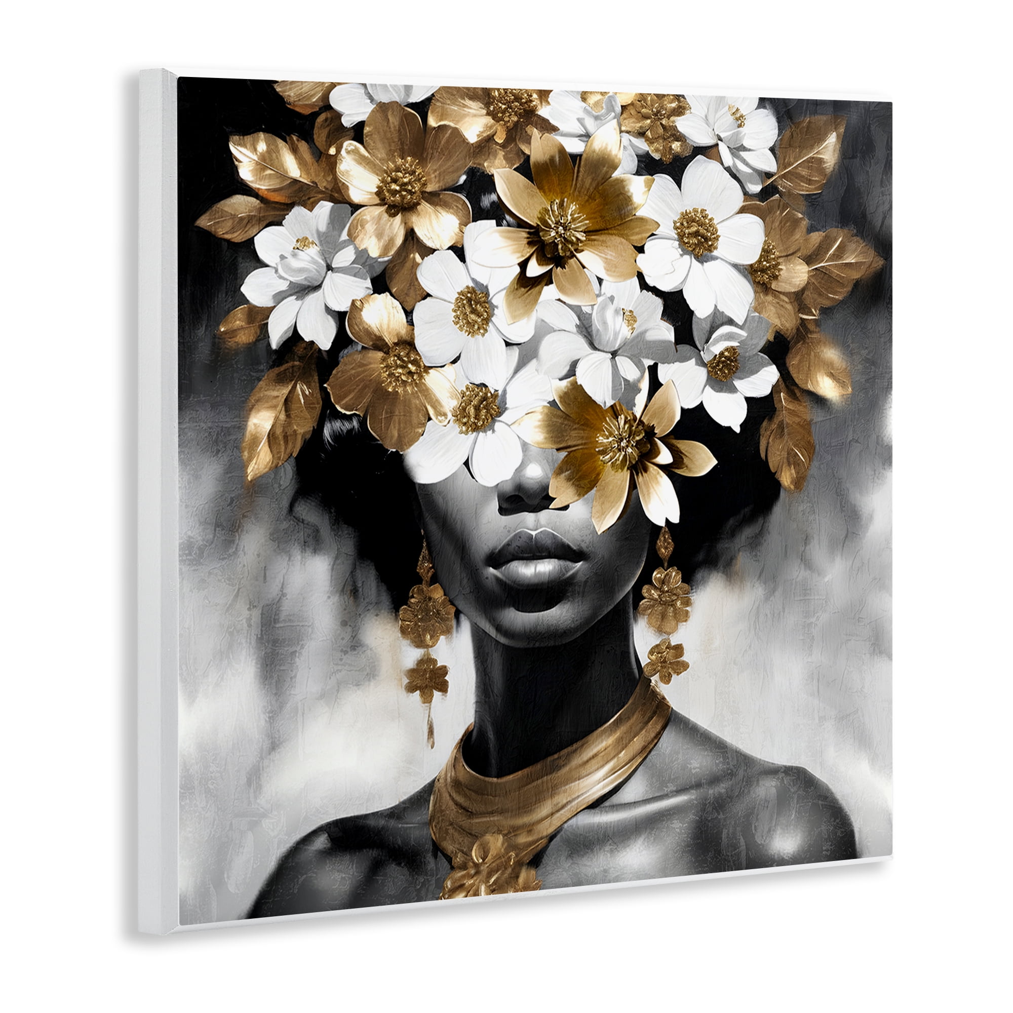 Stupell Industries Woman & Gold Flowers People Painting Unframed Art Print Wall Art, 12 x 12
