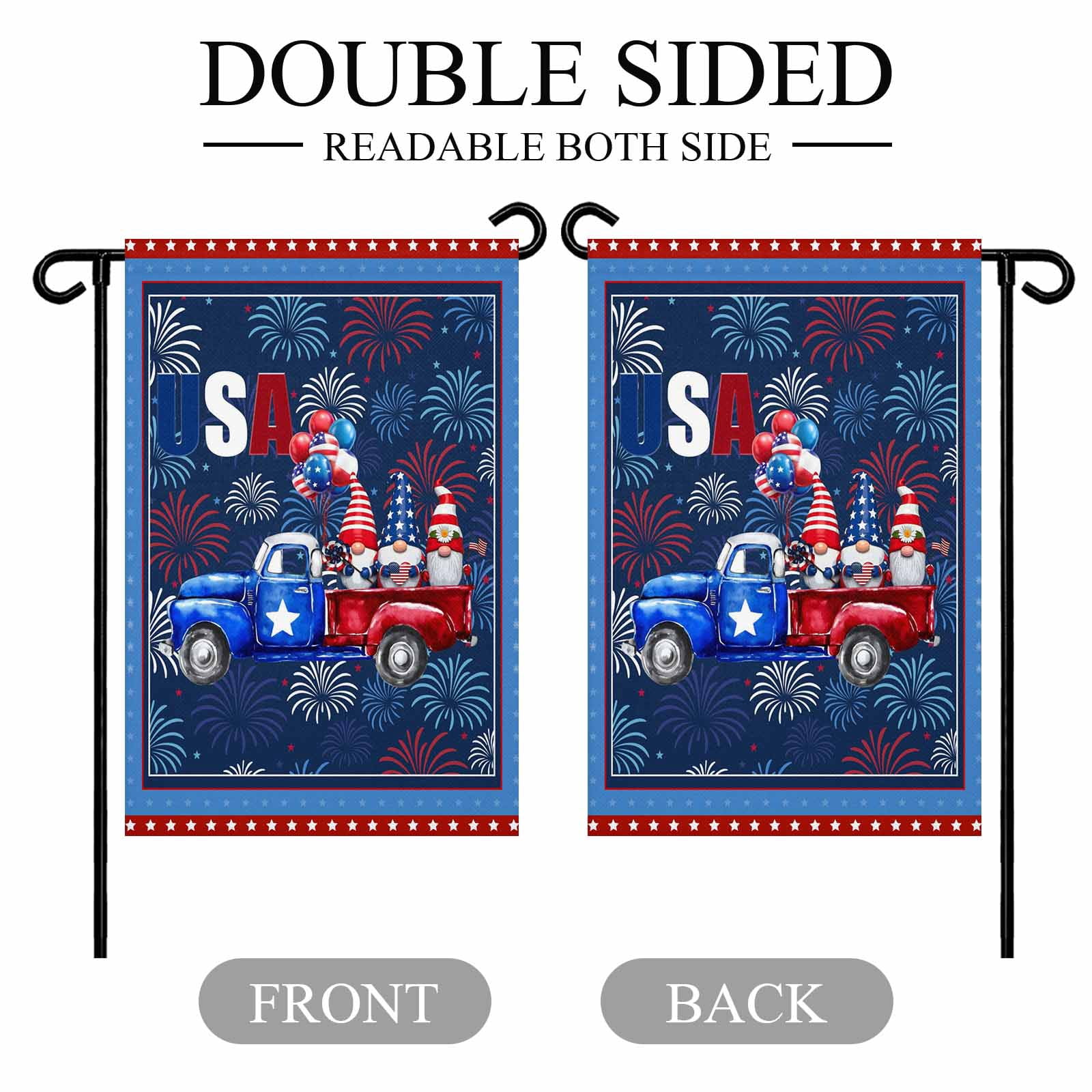4th of July Garden Flags Patriotic Gnome Truck Garden Flag Double Sided Welcome Flag USA Flag Stars Balloon Independence Day Yard Flags for Outdoor Lawn Porch Memorial Day Holiday Decor 28x40 Inch