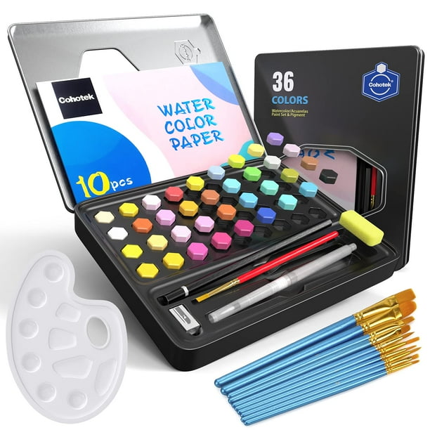 Cohotek Juego De Pintura De Acuarela Con 36 Colores Vivos, Juego De Acuarelas De Viaje Con Pinceles De Artista, Pincel De Agua, Bolígrafo, Sacapuntas, Paleta, Papeles De Acuarela, Bolígrafo Y Esponja