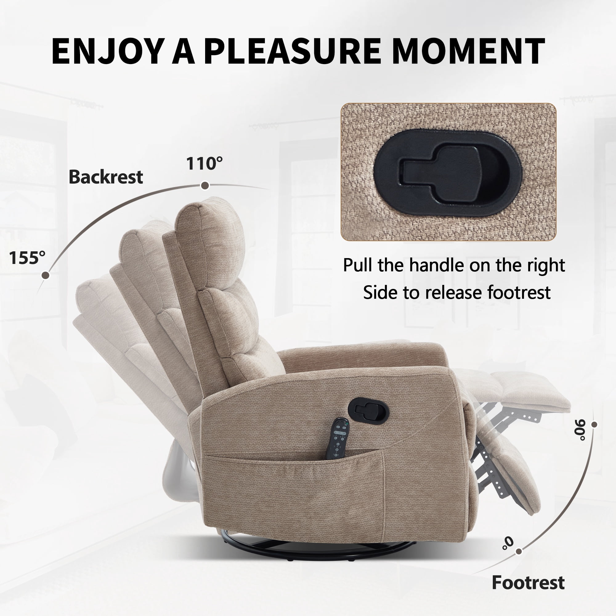 PAPROOS Swivel Rocker Recliner, Velvet 360° Swivel Rocking Recliner, Glider Rocking Chair for Nursery, Small Rocker Chair, Manual Recliner for Adults for Home Theater Living Room, Khaki