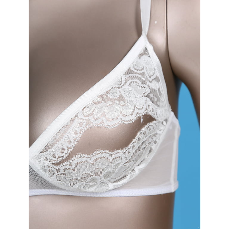 YONGHS Woman Lace Sheer Open Tip Nipples Wire-free Triangle Unlined Bra  Hollow Out Cage Bralette White 4XL