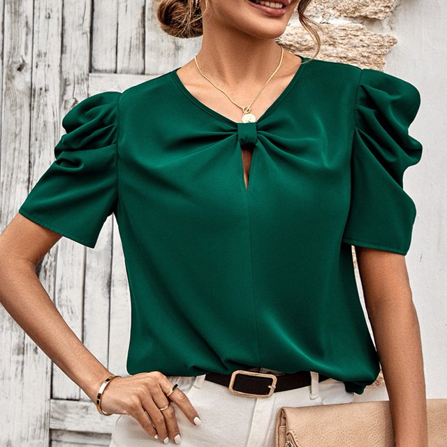 Blusa informal de manga corta, blusa de manga corta abullonada, blusa de manga abullonada con lazo y cuello en V, blusa de manga abullonada de color puro, materiales ecológicos