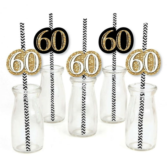 Big Dot of Happiness Adult 60th Birthday - Gold - Paper Straw Decor - Birthday Party Striped Decorative Straws - Set of 24