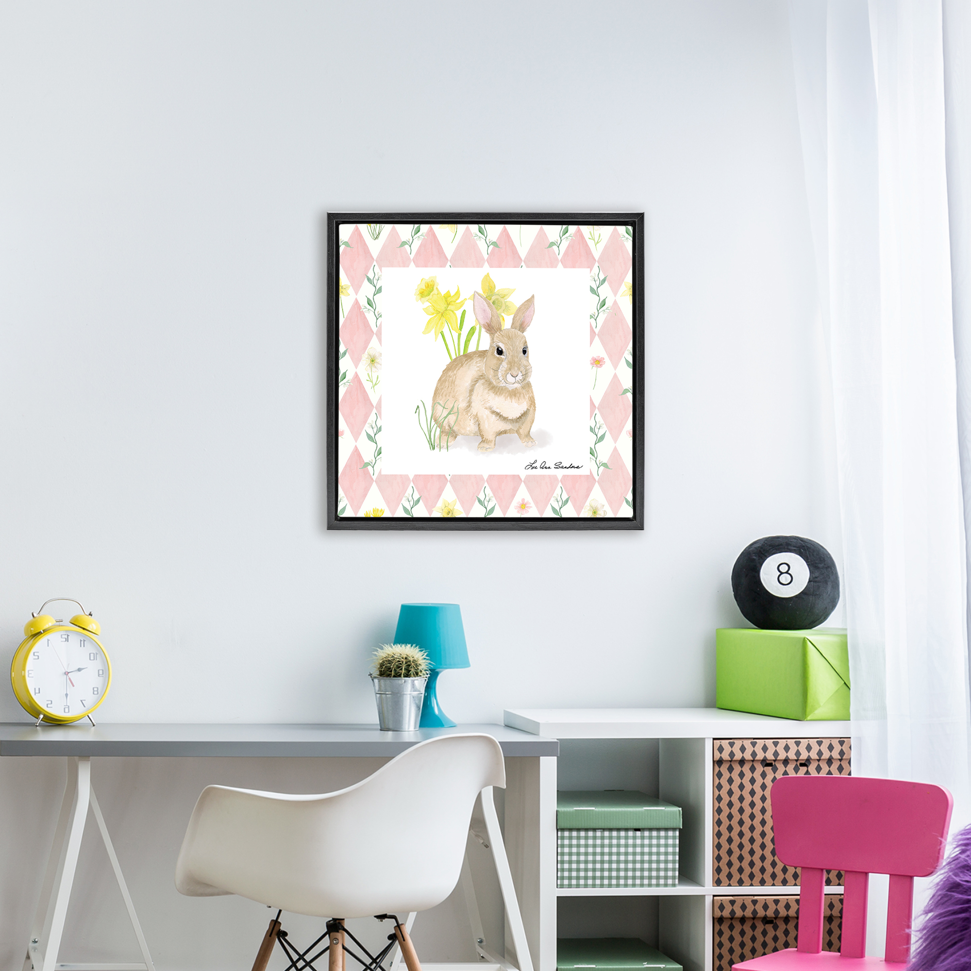 Bunny on Pink Argyle Black Framed Floater Canvas Wall Art, design by Lee Ann Sanders