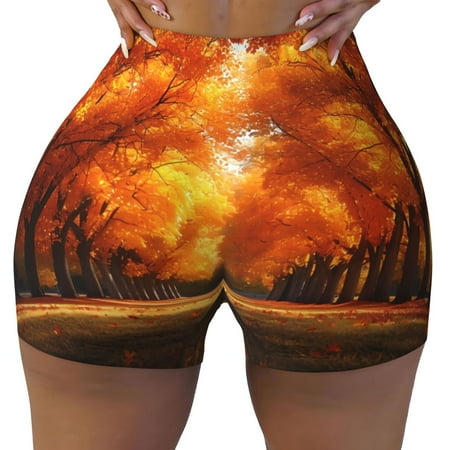 Workout Shorts Women  Golden Autumn Tree Avenue Biker Shorts for Women Running Gym Spandex Shorts Tummy Control