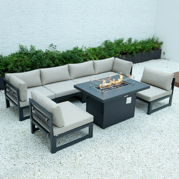 Leisuremod Chelsea 7 Piece Patio Sectional And Fire Pit Table Black Aluminum With Cushions Com Leisuremod Chelsea 7 Piece Patio, Patio Furniture Sectional With Fire Pit