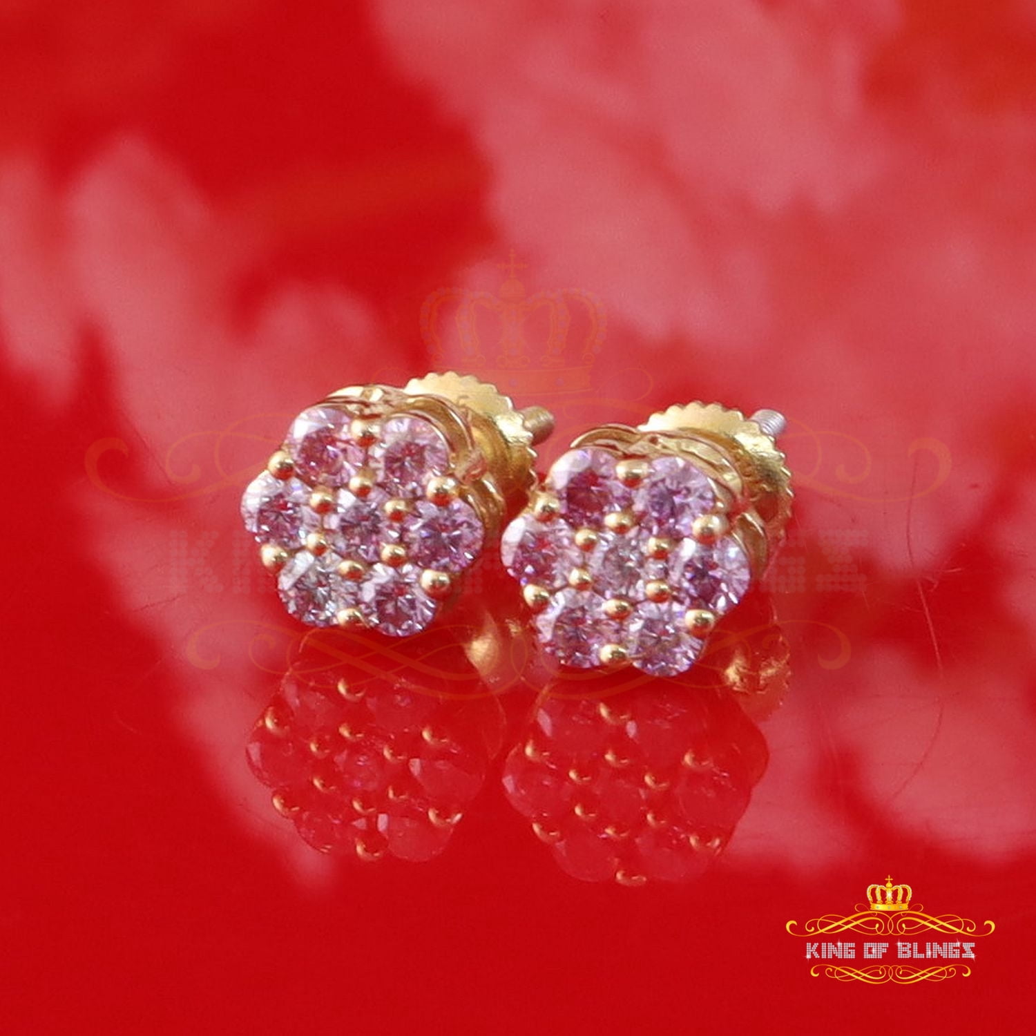 King of Bling's 925 Silver Yellow 0.50ct VVS D Pink Moissanite Mens /Women Floral Stud Earrings