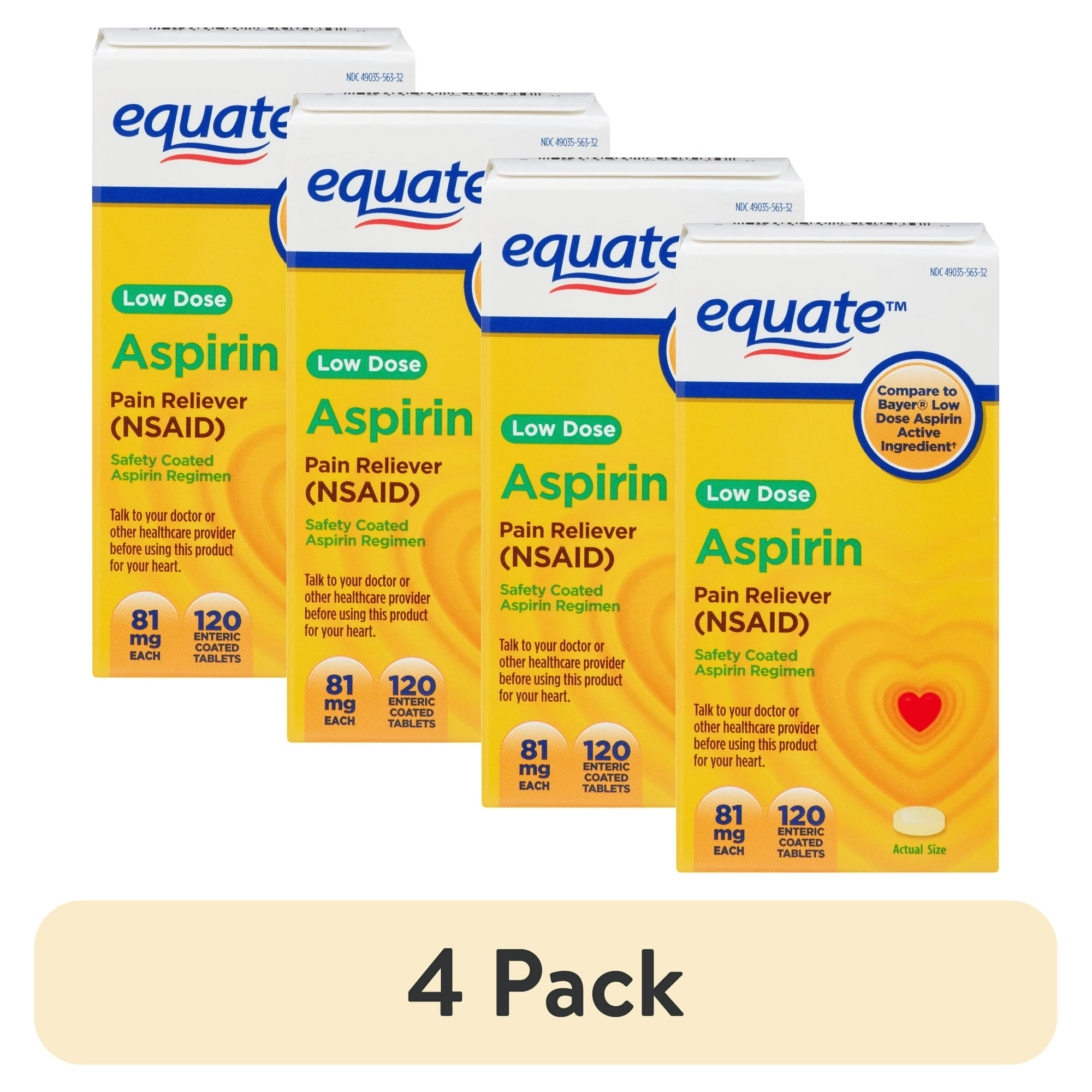 (4 pack) Equate Low Dose Aspirin Pain Relief Safety Coated Tablets, 81 mg, 120 Count, Compare to Bayer® Low Dose Aspirin Active Ingredient