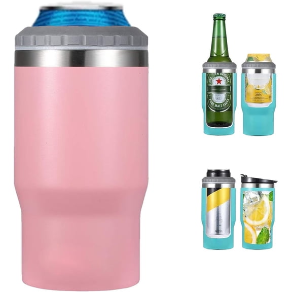 4 in 1 Stainless Steel Can/Bottle Insulator, 14oz Two-Way Lids SUS Insulated Can Cooler, Beer Bottle holder (Pink)