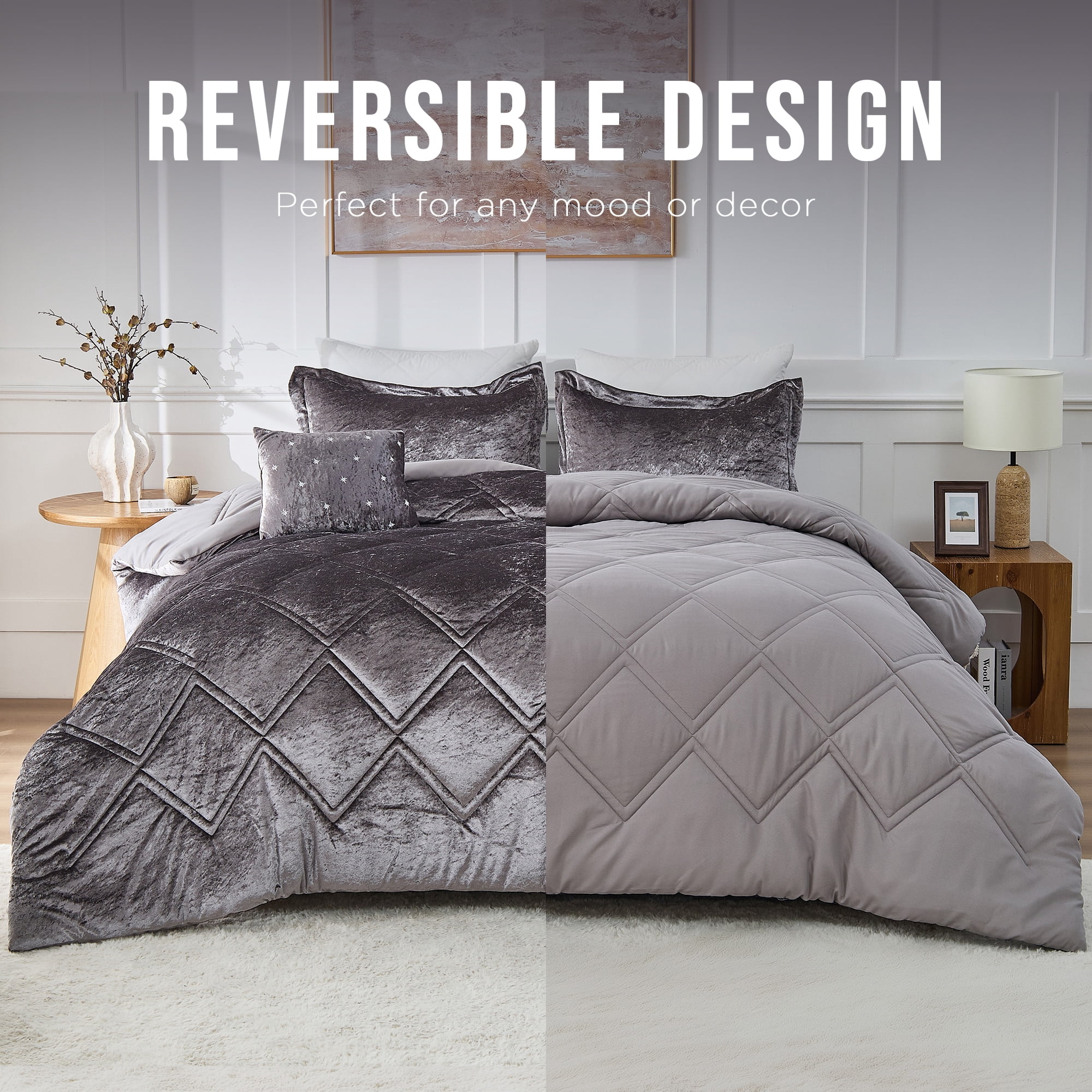 Regency Heights King/Cal King Size Comforter Sets, Velvet Bedding Comforter Set for All Seasons, Grey Bedding Set with Decor Pillow