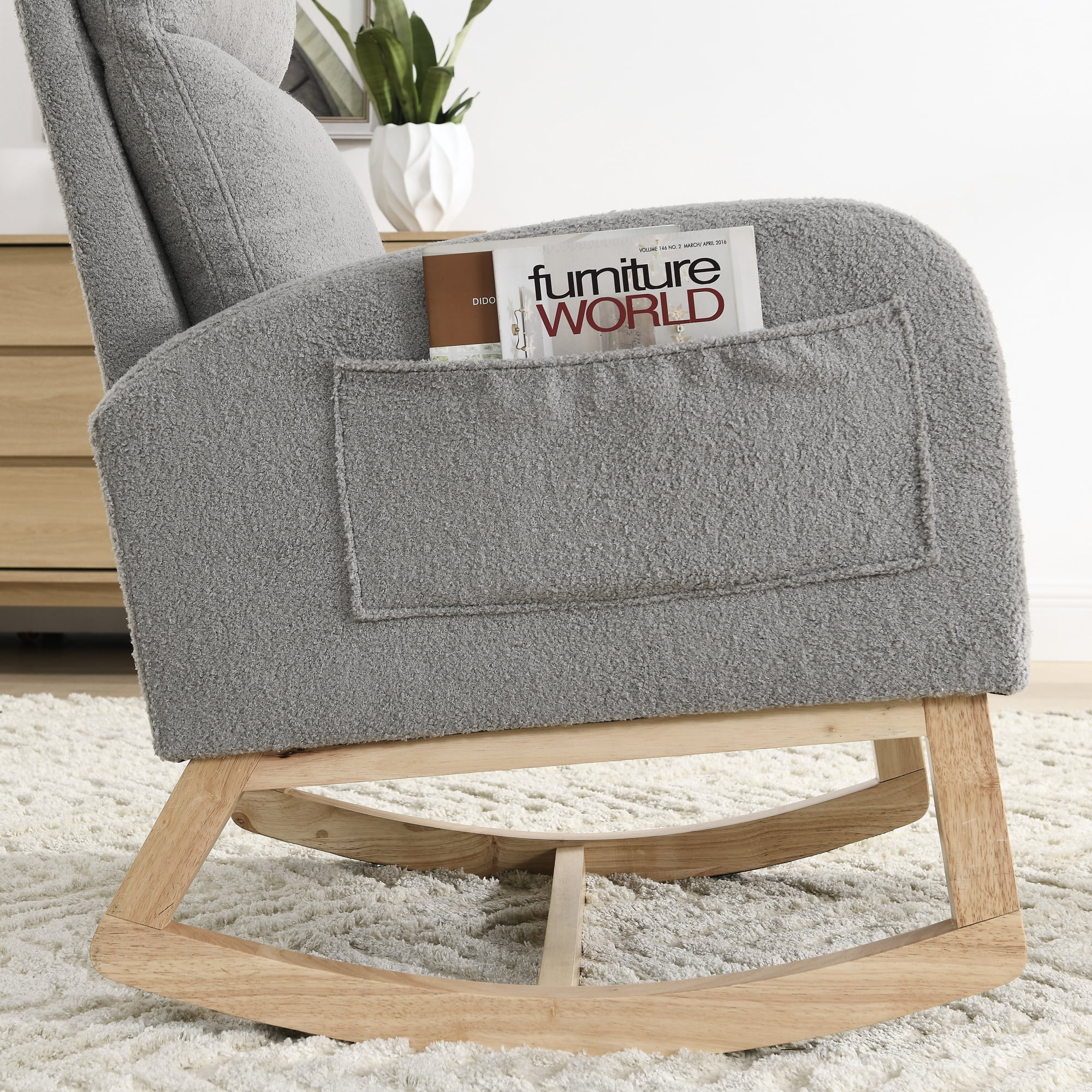 Modern Rocking Chair for Nursery,Accent Glider Chair with High Backrest & Two Side Pockets & Solid Wood Legs,Gray Teddy