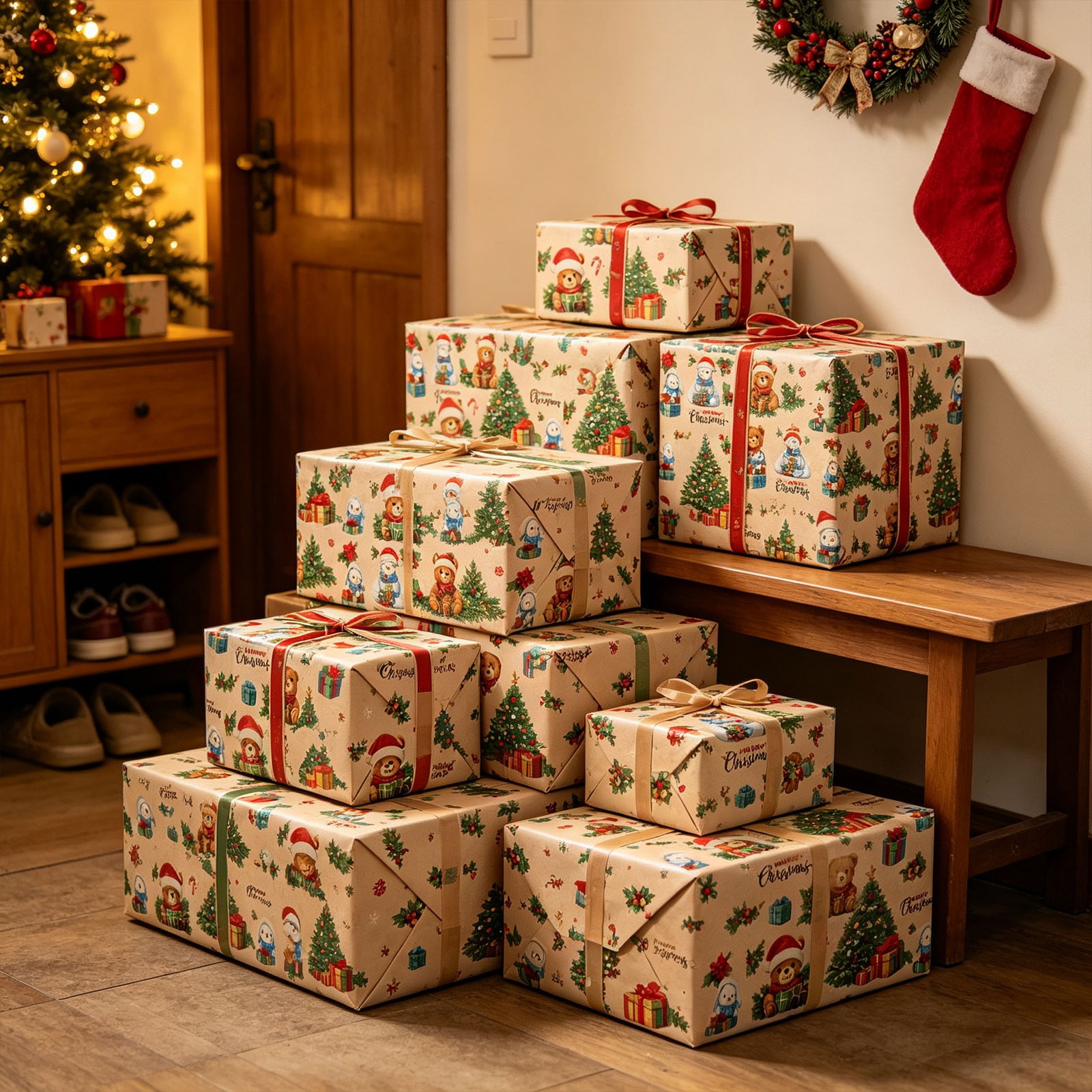 Vintage Santa Christmas Gift Wrap Sheets Holiday Decorative Paper for Gift Packaging and Christmas Party Decor (C)