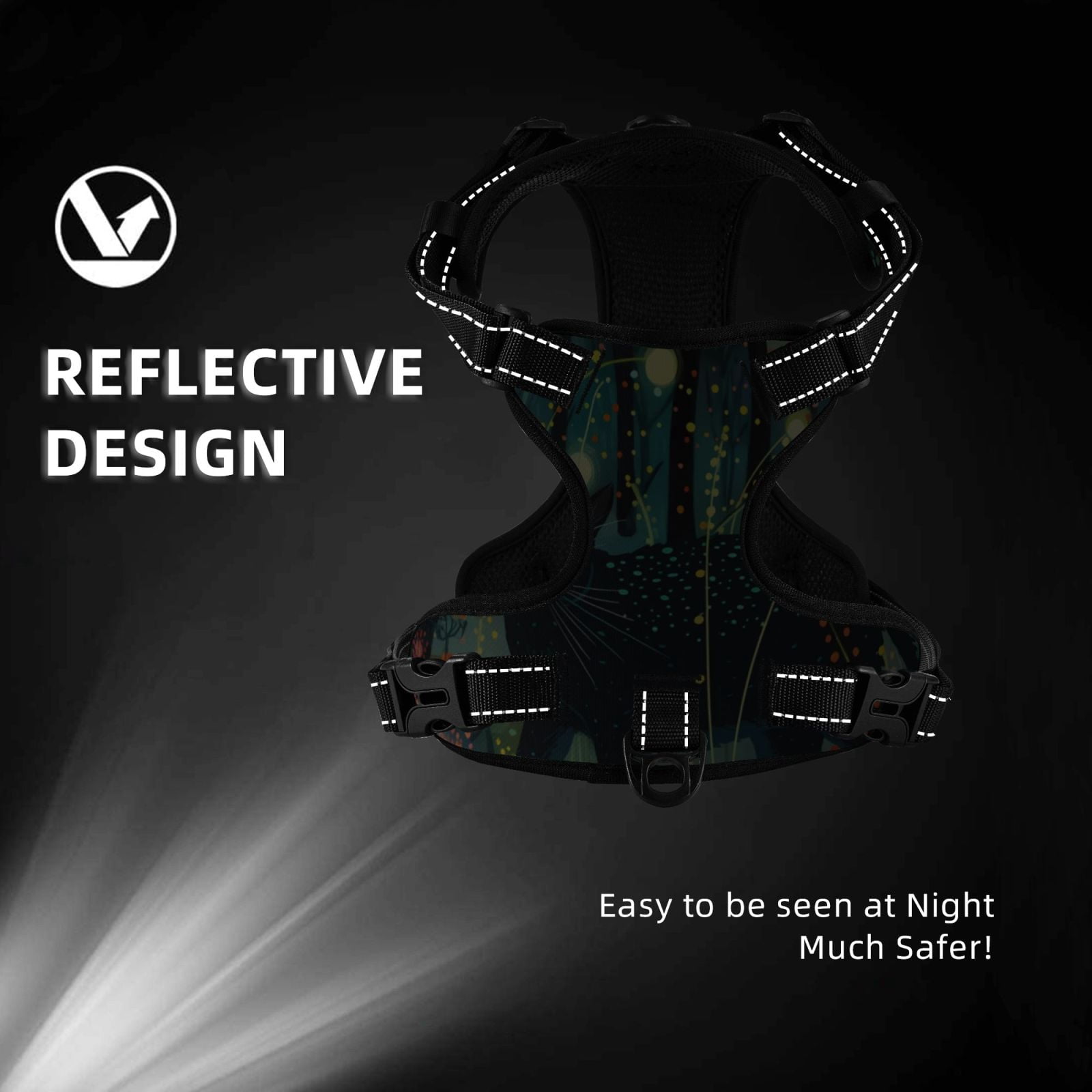 Fuzoiu Mystical Black Cat Fireflies Print Reflective Dog Harness,Adjustable, Breathable Pet Vest,Dog Harness No Pull,No Choke Pet Vest for Small, Medium, and Large Dogs-Large