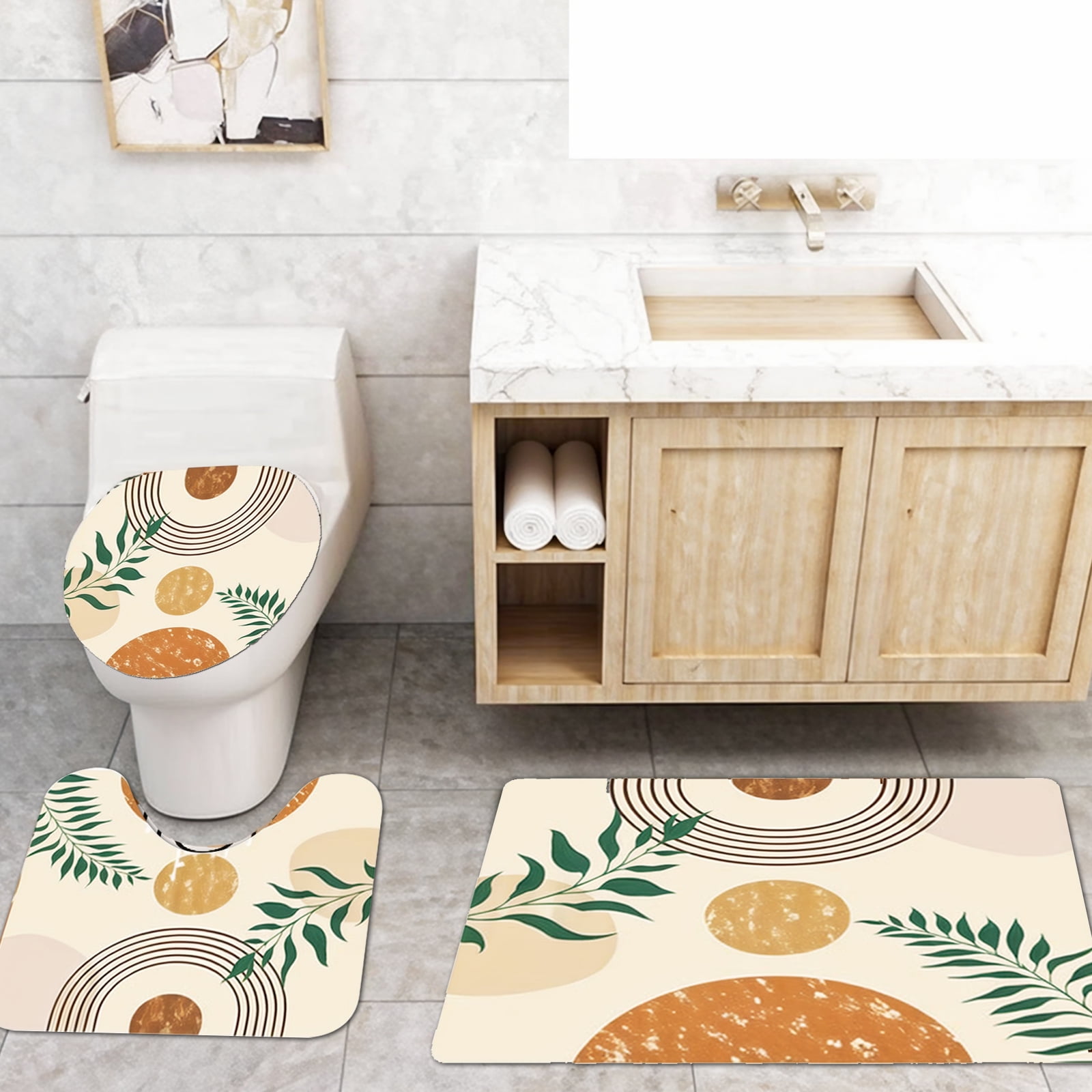 Dznils Abstract Boho Fabric Shower Curtain and Rug Sets, 16pc Modern Bathroom Sets, Beige, 72" x 72"