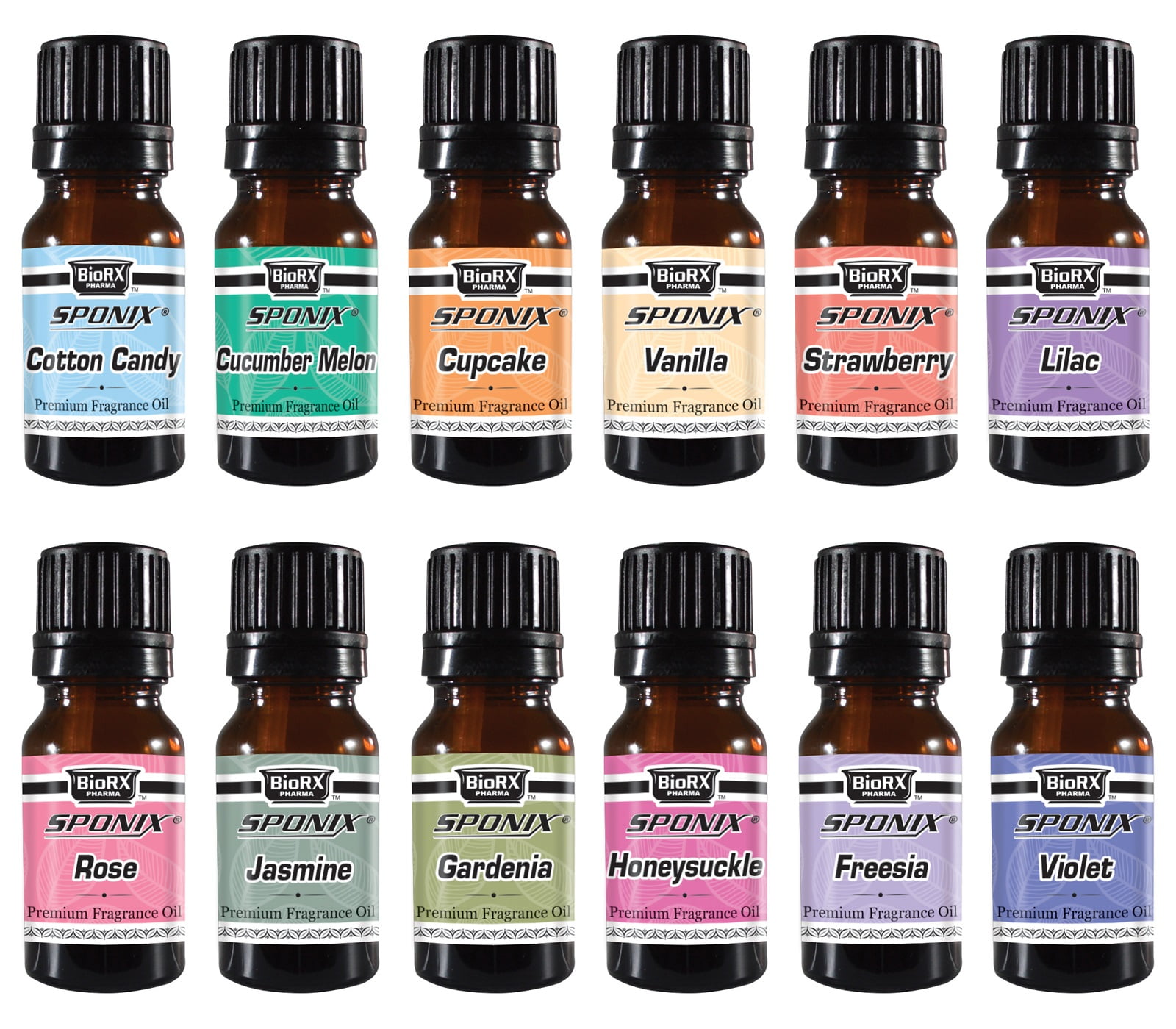 Fragrance Oil Gift Set of 12 Premium Grade Aromatic Perfume 10 mL x 12 Cotton Candy Cucumber Melon Freesia Frosted Cupcake Gardenia Honeysuckle Jasmine Lilac Rose Strawberry Vanilla Violet by Sponix