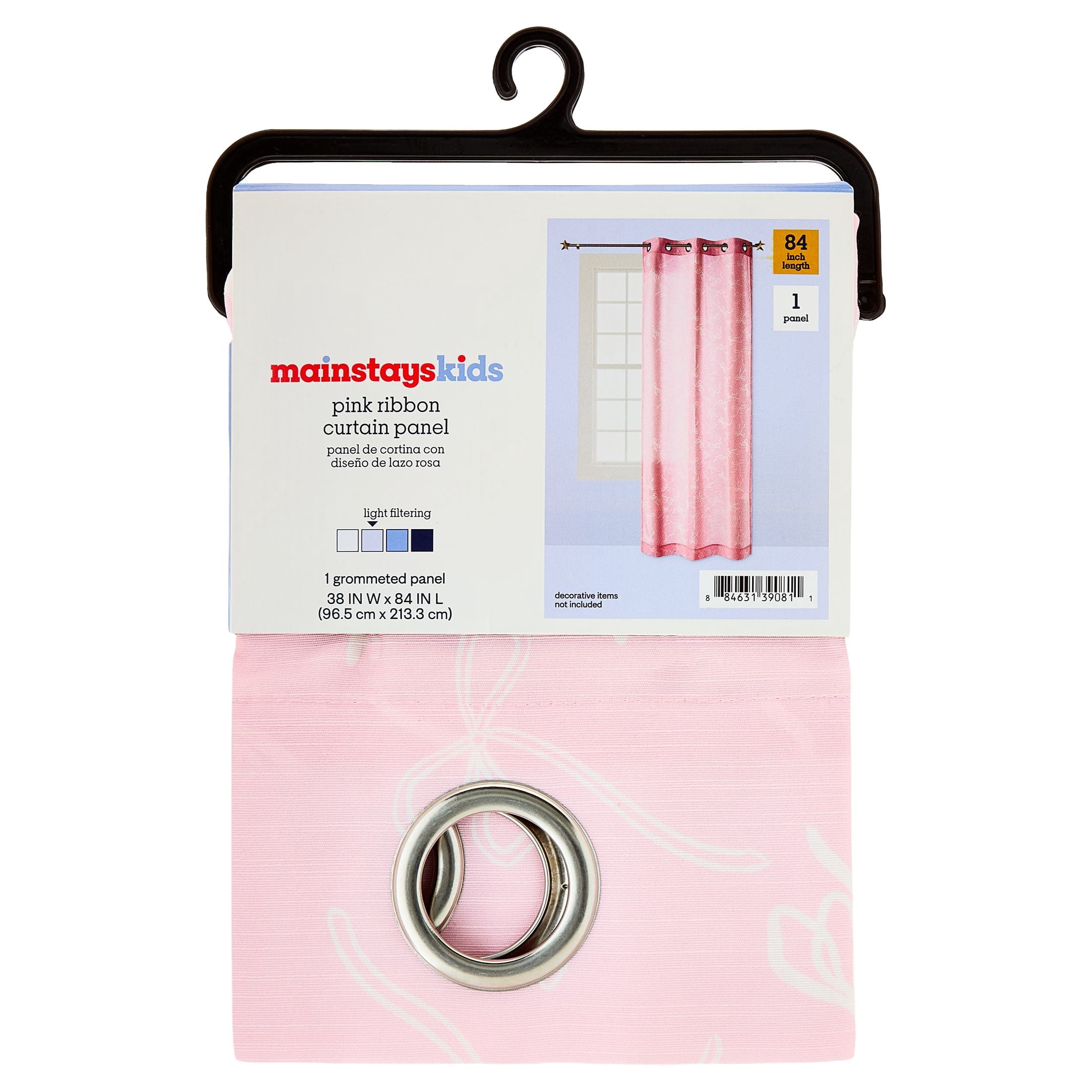 Mainstays Kids Light Filtering Grommet Single Curtain Panel, Pink Ribbons, 38 in x 84 in